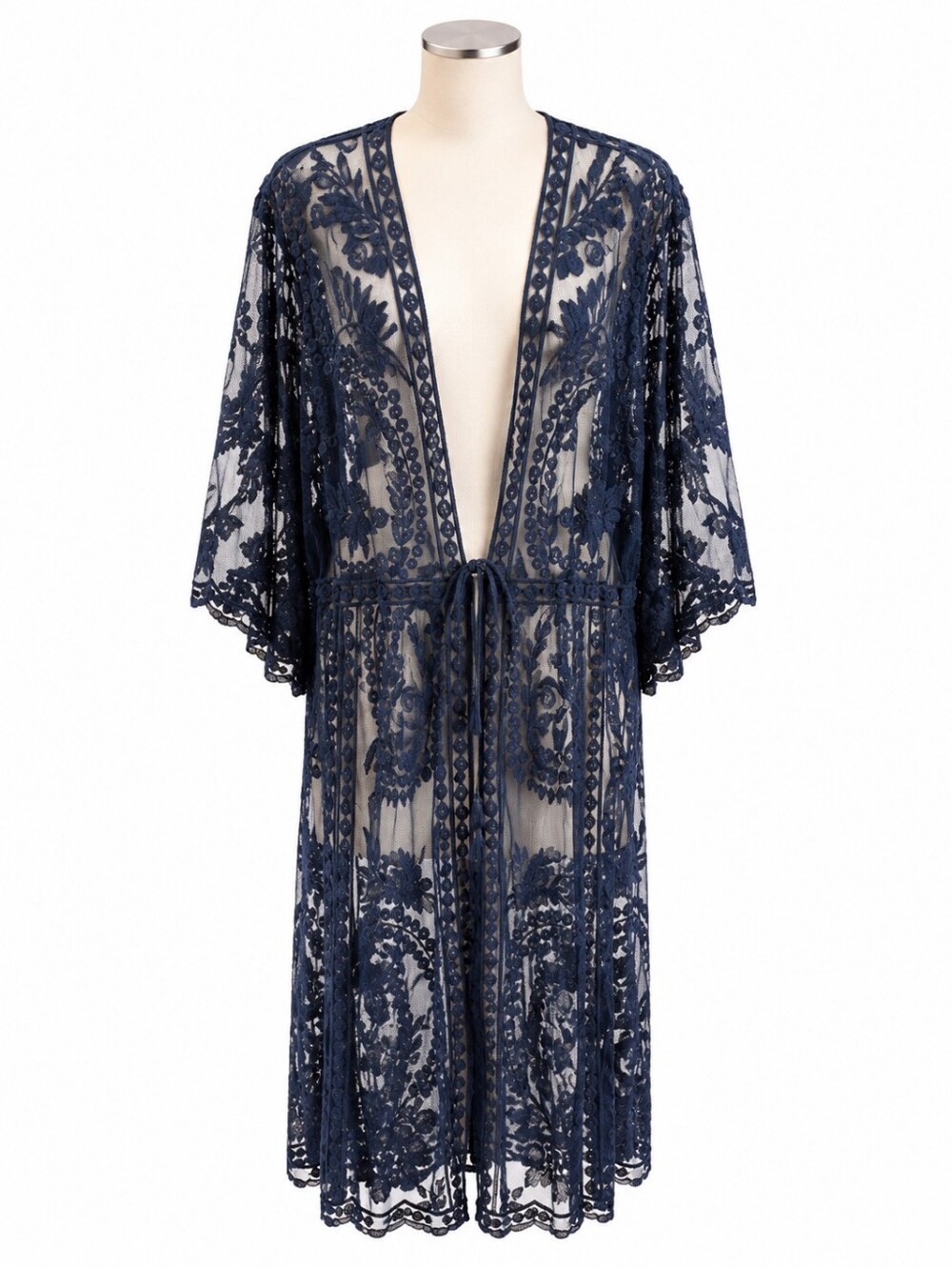 Song N Spirit Navy Blue Lace Tie Front Kimono Cardigan Jacket XL Boho Romantic